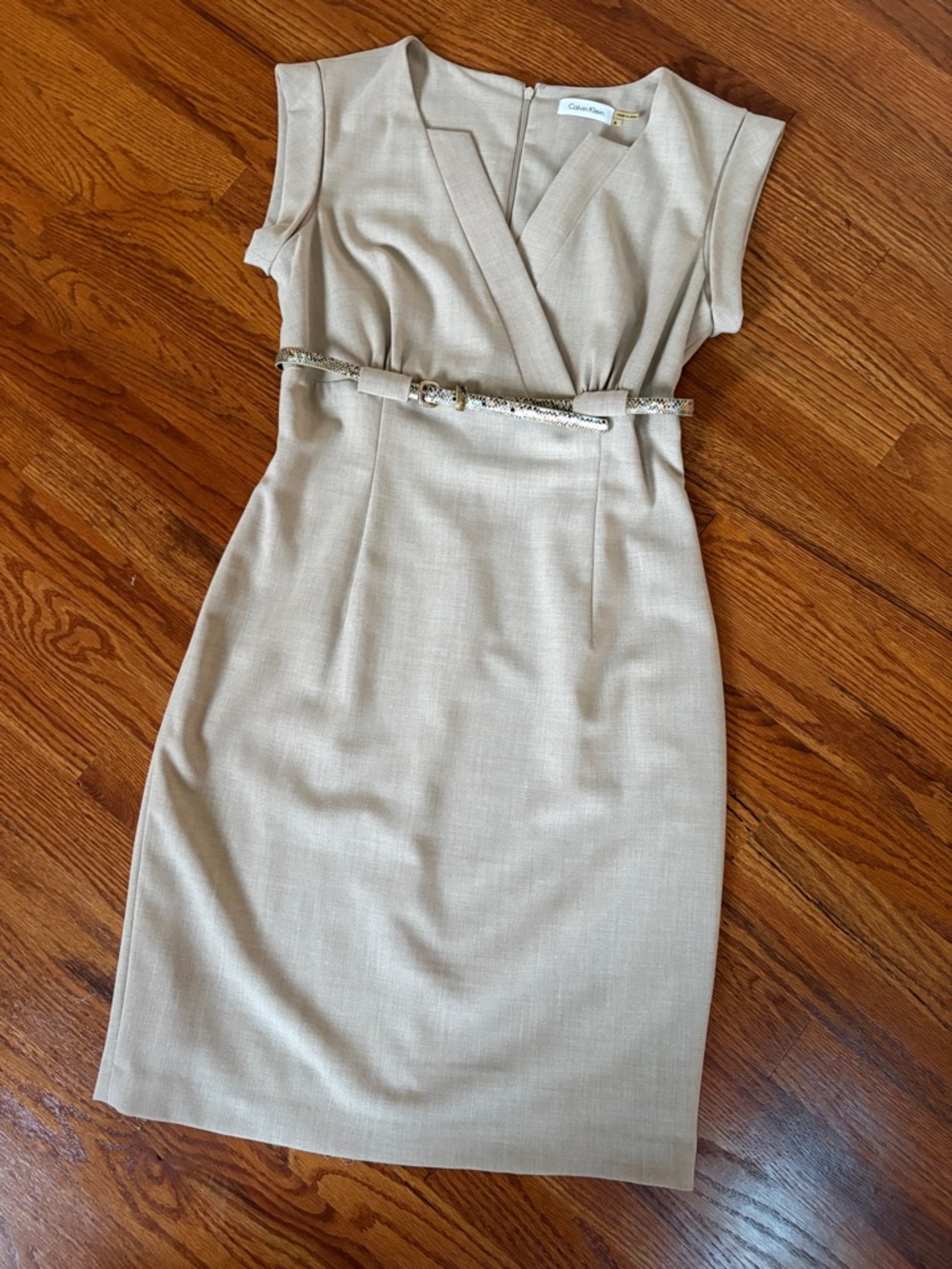 Calvin Klein Beige Midi Sheath Dress with Decorative Snake Belt